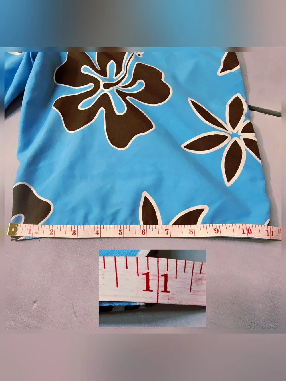 Vtg Y2K Hawaiian Hibiscus Board Shorts Swim Trunks Sky Blue Brown Youth Large